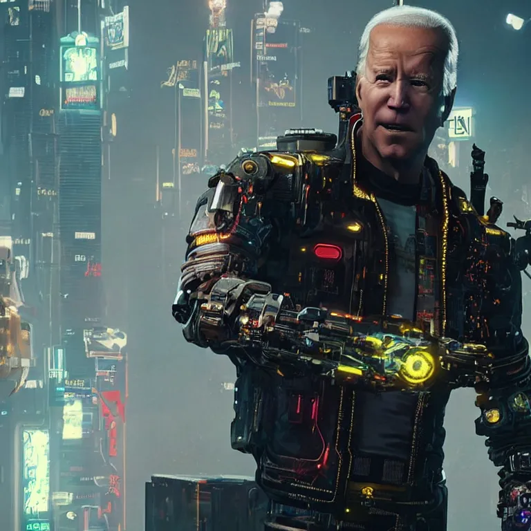 Prompt: joe biden as a cyborg in cyberpunk 2 0 7 7, technological, movie footage, high - tech, still frame