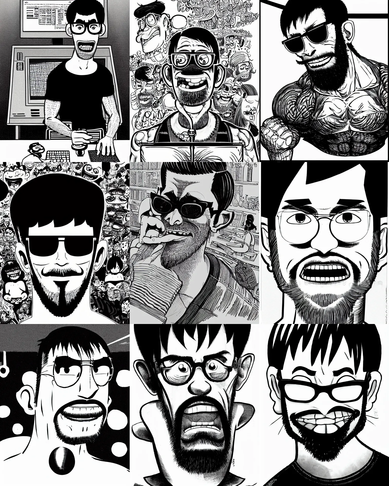 Prompt: highly detailed ink illustration of a buff smiling man with long stubble, muscular neck, rectangular square shaped glasses and a black bowl cut, wearing a black tshirt, sitting in front of his pc monitor, b & w clean shaped illustration by kim jung gi, jamie hewlett, junji ito, ron english and eiichiro oda