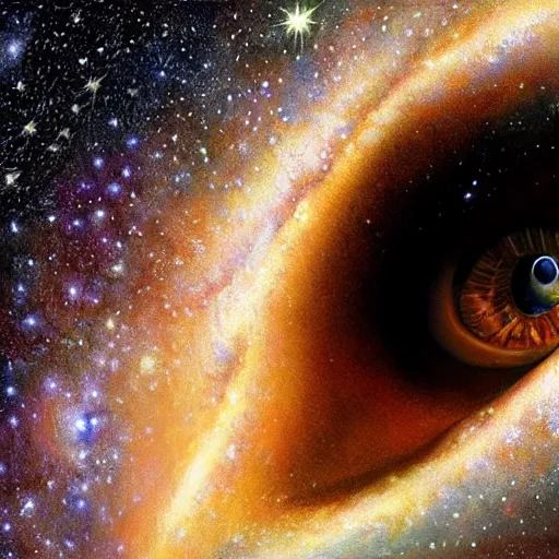 Prompt: a highly detailed photorealistic painting of the milky way galaxy reflecting off a human eye