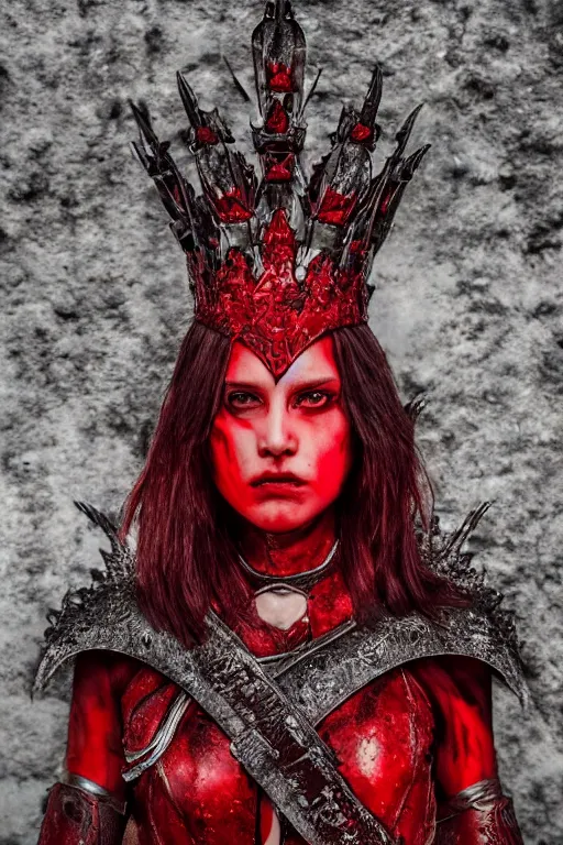 Image similar to the blood crown queen wear the scarlet armor, cinematic lighting, various refining methods, micro macro autofocus, ultra definition, award winning photo