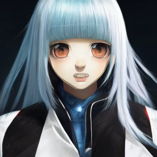 Image similar to profile shot of rimuru tempest, sky blue, straight hair, long bangs, | gold colored eyes | wearing a black jacket with white stripes, very high collar, highly detailed, unreal engine 5, digital painting, cinematic, wlop | artgerm, pixiv, yoshitaka amano, greg rutkowski, ilya kuvshinov, andy warhol