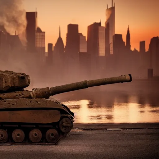 Image similar to destroyed tank in front of the new york skyline, smoking and burning, reflections, award winning photograph, sunset, desolate, atmospheric