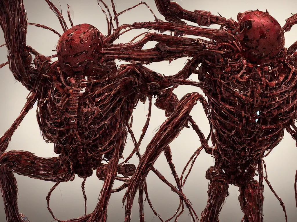 Image similar to Techno-biological iron-meat spider with big artillery cannon in his torso. Consisting of tumors, veins, guts, long spider paws, kidneys, wires, shafts. The head is made of mechanisms and a fanged maw. Bodyhorror, biopunk, extremely high detail, ultra realistic, photorealism, concept art, octane render, view from a distance, 8k, 16k