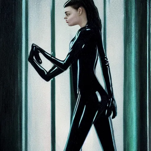 Prompt: Elle Fanning wearing a black latex suit in the style of Paola Vetri, head and shoulders portrait, stormy weather, extremely detailed masterpiece, oil on canvas, low-key neon lighting, artstation, Blade Runner 2049, Roger Deakin’s cinematography, by J. C. Leyendecker and Peter Paul Rubens and Edward Hopper and Michael Sowa,