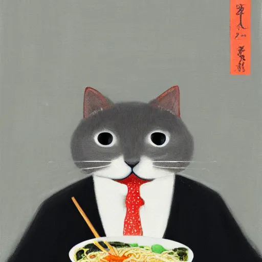 Image similar to Fat, cute grey striped cat in a suit eating ramen, busy restaurant, ukyio-e, painting by Koson Ohara, details, 4K, 8K