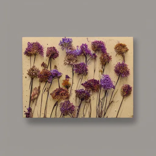 Image similar to aesthetic layout of small dried flowers in the open envelope, vintage, tender, mild colours, oil on canvas
