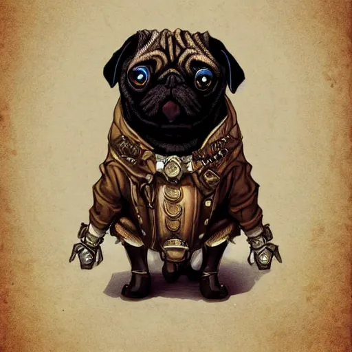 Prompt: pug dressed with inspirations from steampunk style, high detailed, digital art, trending on artstation, devianart, cgsociety