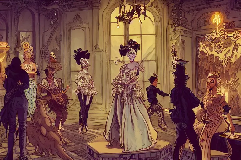Prompt: exctatic Marie Antoinette in a rococo shaman dress dancing in with animal spirits, ornate cyberpunk city street, by Chiara Bautisya, and Laurie Greasley, Jen Bartel, Background by Tarmo Juhola, syd mead, cinematography Roger Deakins, soft glow