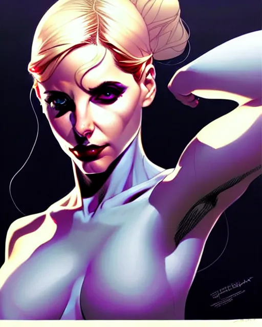 Image similar to artgerm, joshua middleton comic cover art, pretty sarah michelle gellar superhero, very pale white skin, asymmetrical black spot covering left eye