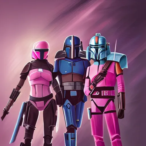 Image similar to bo katan, koska reeves, and a very fancy female mandalorian in a pink suit and bedazzled helmet. digital art. photo realistic. 4 k. intricate. detailed. by krenz cush art simon fetscher.