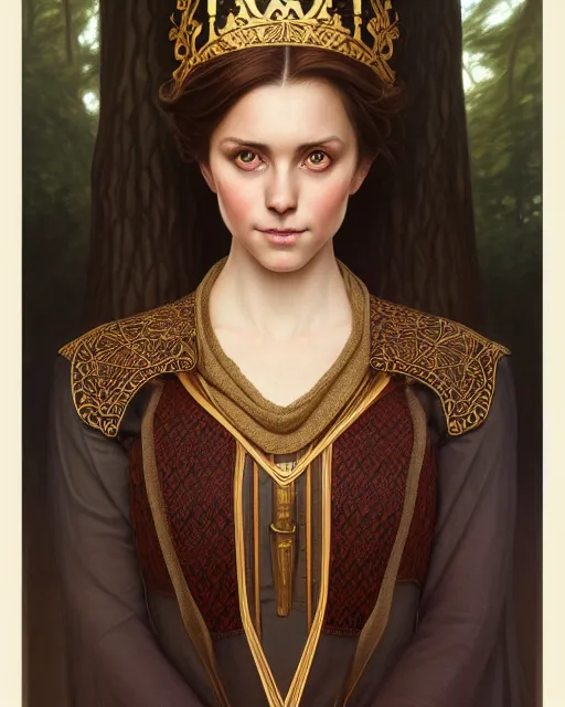 Prompt: symmetry portrait of welsh brunette princess in mans tunic, tomboy, short hair, forest, intricate, elegant, highly detailed, digital painting, artstation, concept art, smooth, sharp focus, illustration, art by artgerm and greg rutkowski and fra angelico and alphons mucha