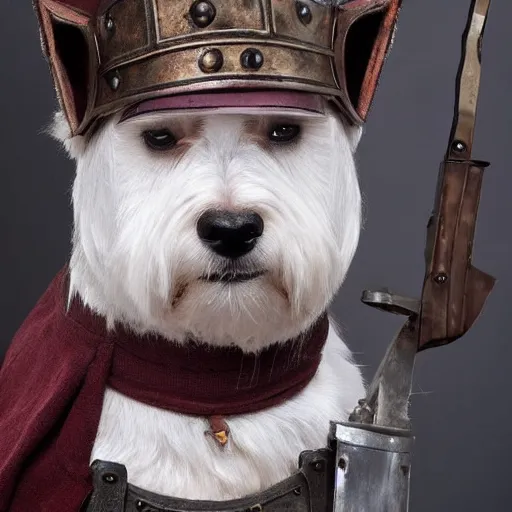 Prompt: west highland terrier dressed in iron armour with a gun attached to his head. gun on the head of westy.