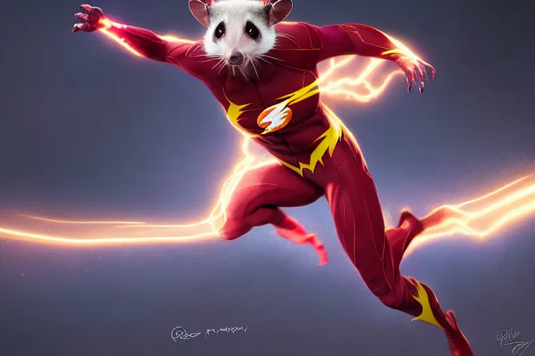 Image similar to a stunning digital painting of a opossum as the flash in spandex costume, running in the speedforce by greg rutkowski, volumetric light, digital art, fine detail, photorealistic