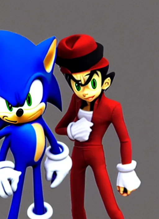 Image similar to sonic the hedgehog and jotaro kujo from jojo's bizarre adventure hanging out, photorealistic