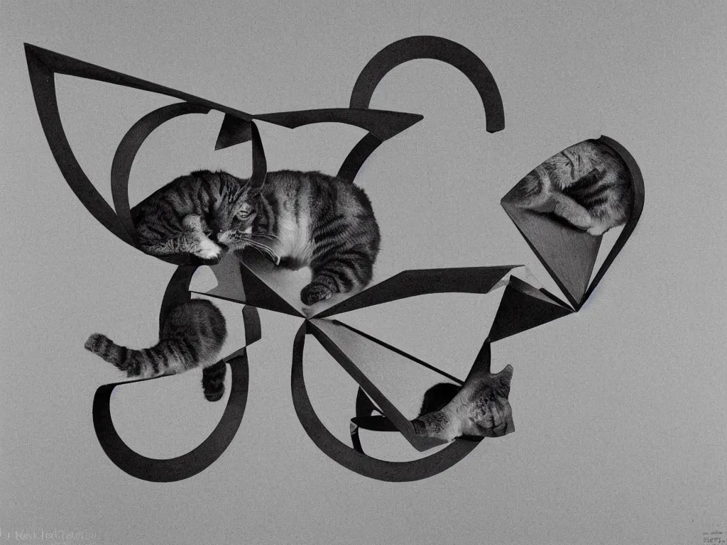 Image similar to cat hanging on hyper-dimensional impossible geometric object, low detail, highly abstract, vivid, a little bit touch of M. C. Escher