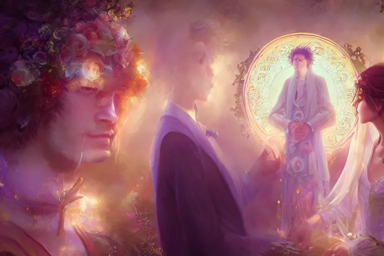 Image similar to a dreamlike cinematic portrait of wedding photograph close up moment of a divine a russia sun god and moon goddess lovers magician at a wedding banquet. portraiture. digital painting. artstation. concept art. fantasy wedding photo. digital painting, 8 k realistic, hyper detailed, violet evergarden art masterpiece by art by krenz cushart