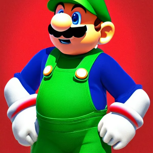 Prompt: professional fantasy art of new mario brother in green shirt and white overalls, with s on hat, long thin drooping dangling moustache, very sad face, looking at camera, professional art, dnd, fantasy art, red moon, matte painting, volumetric lighting, unreal engine 5, very detailed art