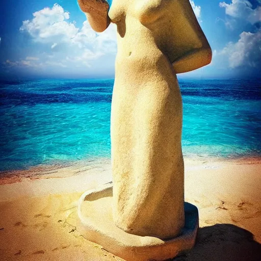 Prompt: digital art, trending on artstation, cycladic statue of a woman playing baseball, on a caribbean beach, a pirate ship in the background
