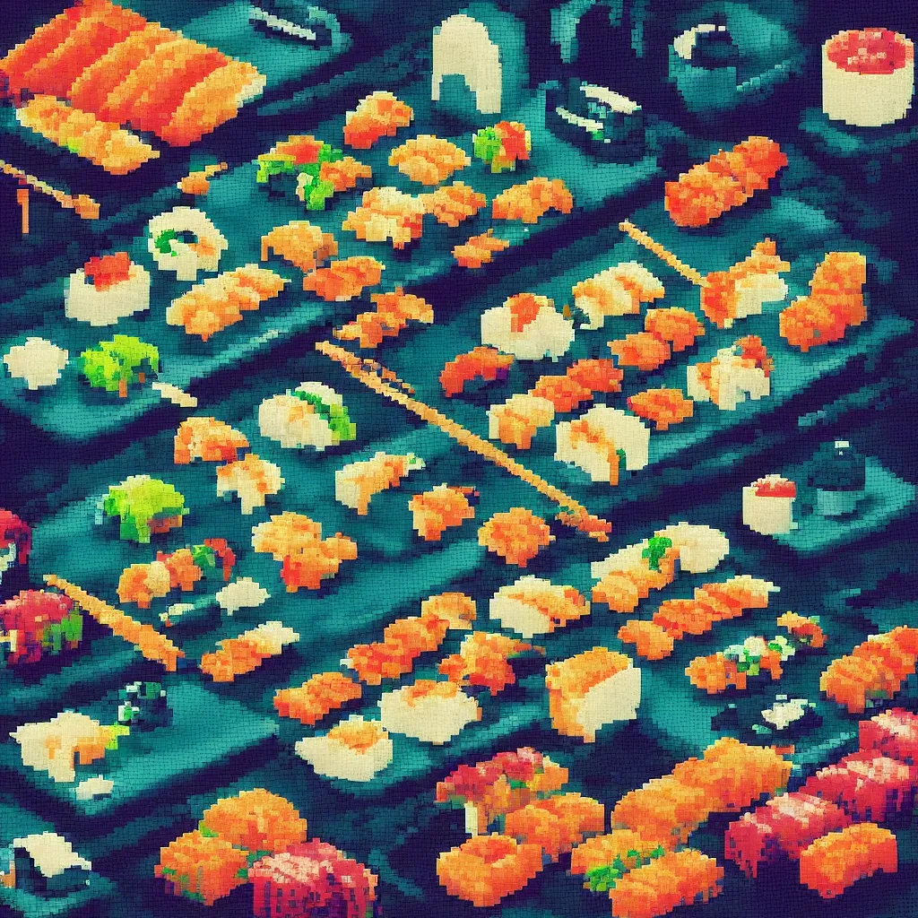 Prompt: best sushi in town, pixel art, synthwave