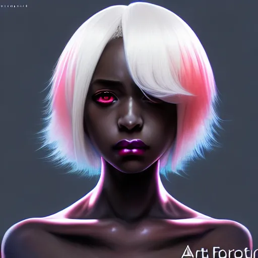 Prompt: portrait of a black anime manga girl, french bob hair, white hair, by artgerm, james jean, tom bagshaw, gerald brom, vaporwave colors, lofi colors, vaporwave, lofi, goth vibe, 4 k, smooth, hd, substance designer render, full body character concept art, symmetrical, 2 point lighting,