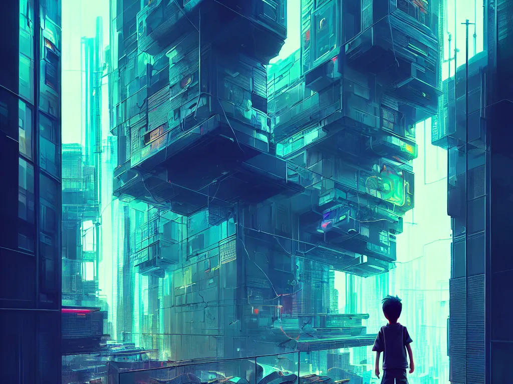 Prompt: boy confined in a glass box, futuristic, cyberpunk art by yoshitaka amano and alena aenami, cg society contest winner, retrofuturism, matte painting, apocalypse landscape, cityscape