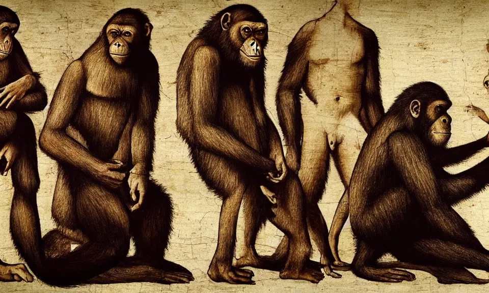 Image similar to Five apes against two millionaires wearing tuxedos. Davinci style.