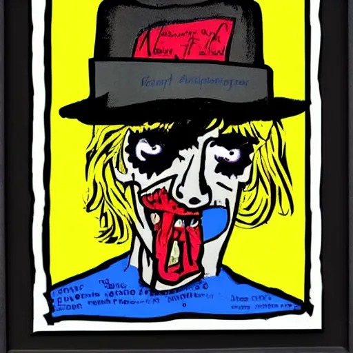 Image similar to a man with a hat, and a t - shirt with a rolling stones picture, carrying a guitar, then around it was written punk writing. pop art style images. symmetrical anatomy. without duplication of images. without repeating the same image. by mel ramos and hariton pushwagner