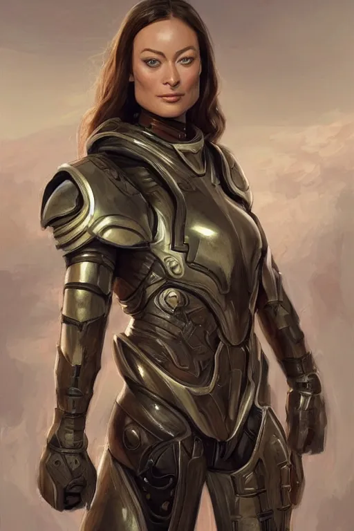 Image similar to a professional painting of a young Olivia Wilde, clothes in military armor, olive skin, long dark hair, beautiful bone structure, symmetrical facial features, intricate, elegant, digital painting, concept art, smooth, sharp focus, illustration, from StarCraft by Ruan Jia and Mandy Jurgens and Artgerm and William-Adolphe Bouguerea