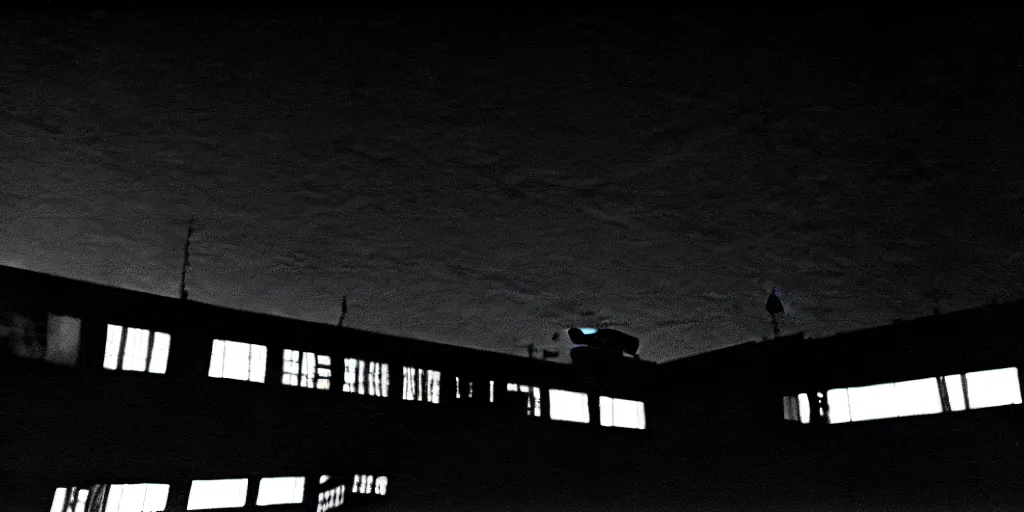 Prompt: low angle shot of a space station at night, film noir set design by Bertolt Brecht, in the style of Jim Jarmusch, shot on film, grainy, hyperrealistic