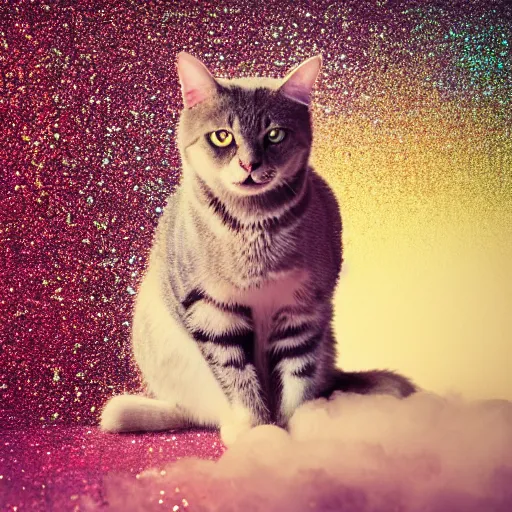 Prompt: a high - quality photo of a cat in a cloud of falling glitter, duochrome,, f 1. 4