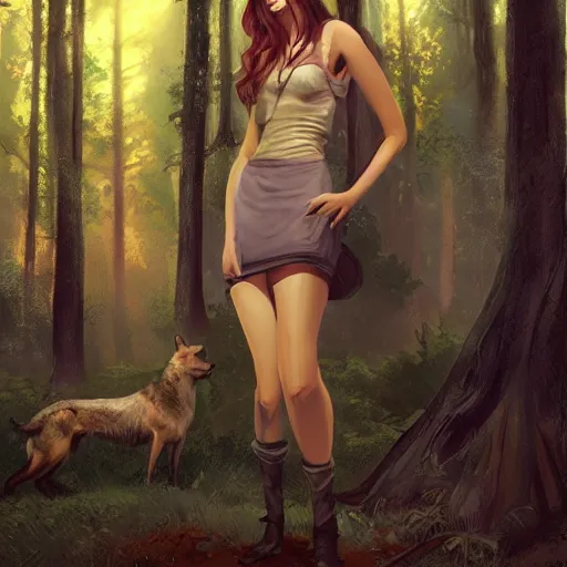 Prompt: a pretty girl surrounded by wolves, in the woods, digital painting, photorealistic, in the style of greg rutkowski, full body, detailed face