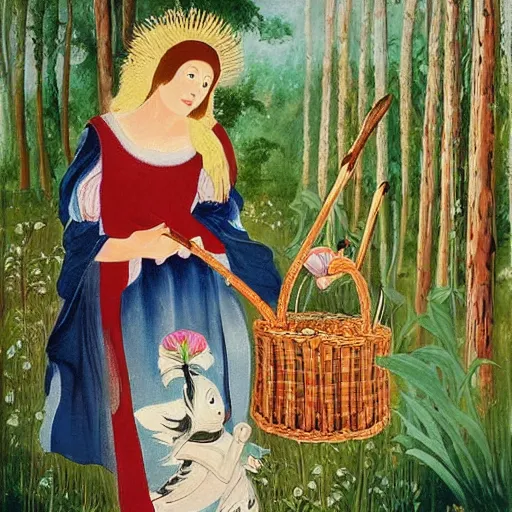 Prompt: In the painting Vasilisa can be seen standing in the forest, surrounded by animals. She is holding a basket of flowers in one hand and a spindle in the other. Her face is turned towards the viewer, with a gentle expression. In the background, the forest is depicted as a dark and mysterious place. by Go Nagai, by Michael Cheval realist, imposing