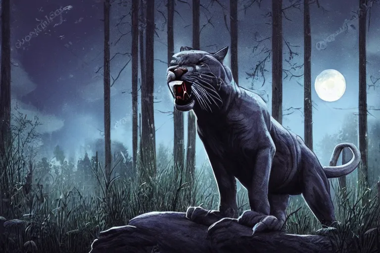 Prompt: a panther roaring at the moon in a forest during the night, large moon in the center. high quality. artistic. illustration. 4 k. cinematic. photoreal. highly detailed. dramatic. dark colors. night.