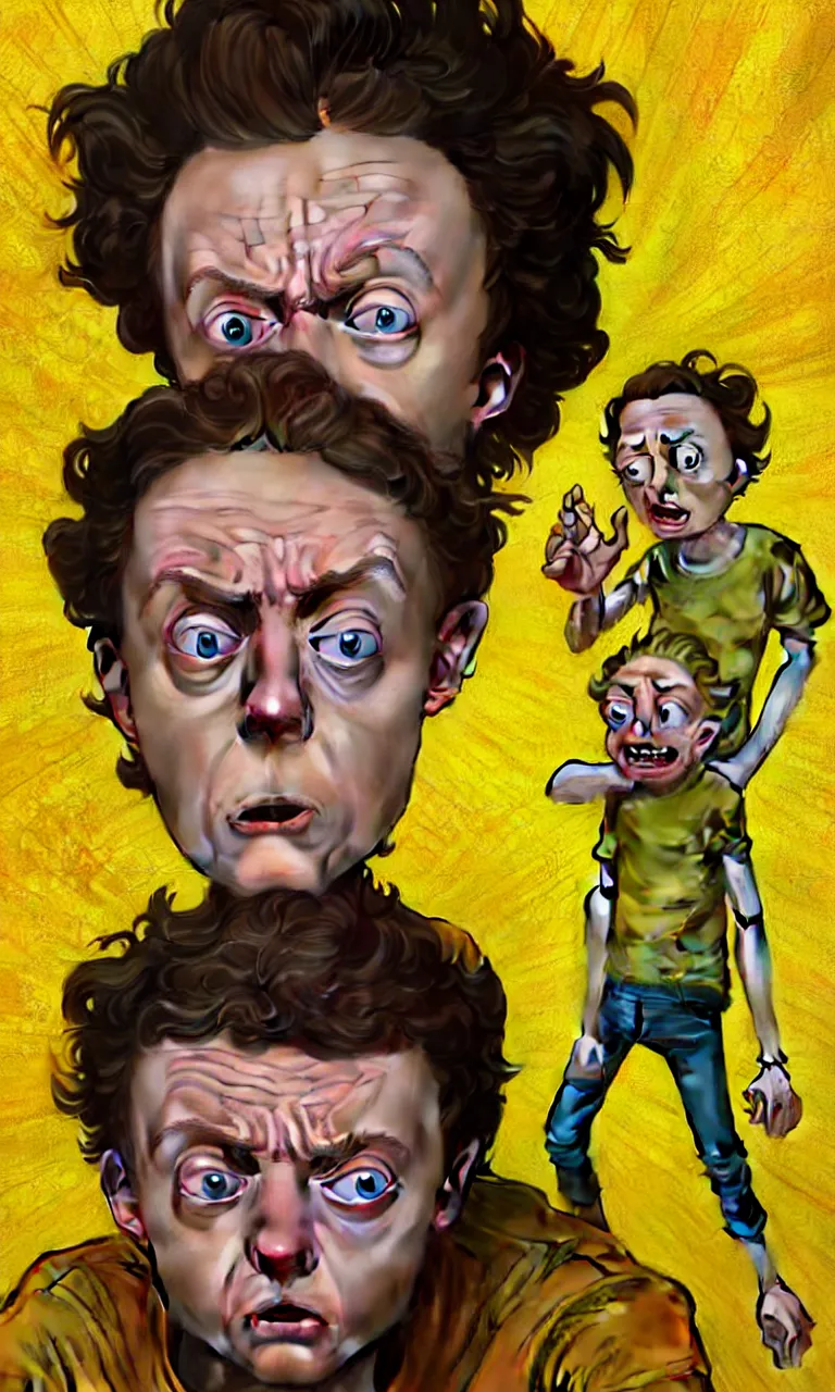 Image similar to hyper realistic grotesque portrait of an young dumb roundheaded morty, from rick and morty, worried, yellow t - shirt, portal in the background, by lee bermejo, alphonse mucha and greg rutkowski