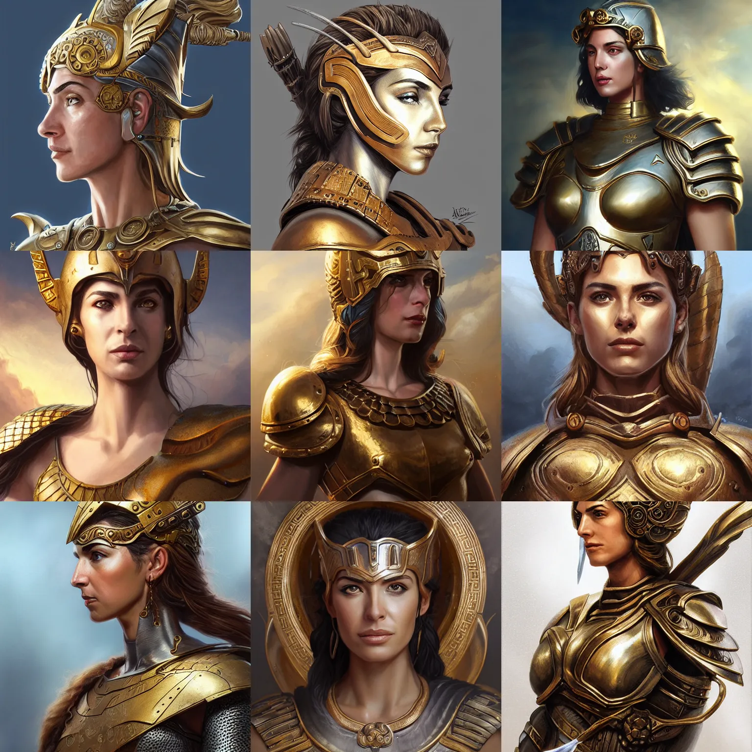 Prompt: athena, greek goddess, claudia black, bronze greek armor, d & d, fantasy, portrait, highly detailed, headshot, digital painting, trending on artstation, concept art, sharp focus, illustration, art by artgerm and greg rutkowski and magali villeneuve