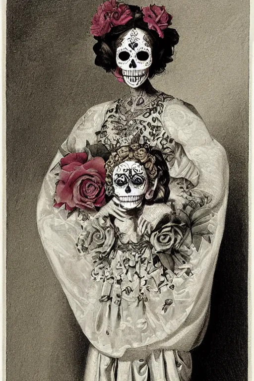 Image similar to Illustration of a sugar skull day of the dead girl, art by pieter claesz