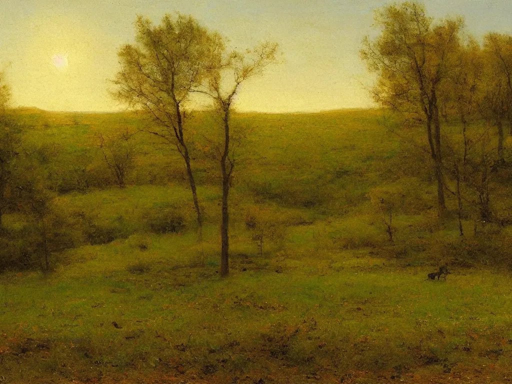 Prompt: a beautiful landscape, springtime morning, by george inness, oil on canvas, luminism, hyperrealism