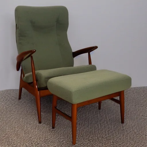 Image similar to a soft comfortable long chair, birch wood, tall, mid century modern, with an antique blue cotton ottoman