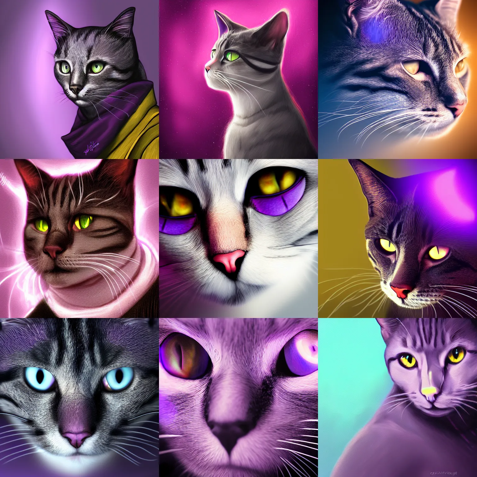 Prompt: closeup portrait of a cat scientist. purple lighting. dark fantasy, digital painting, hd, 4 k, detailed.
