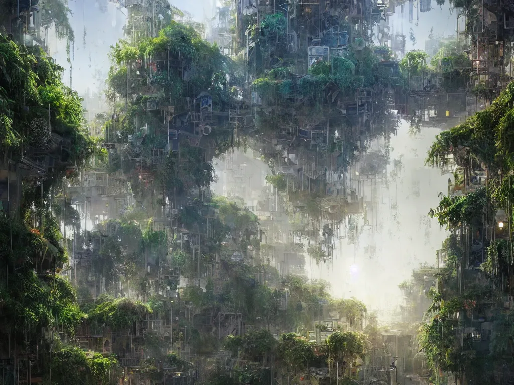 Image similar to the green city of babylon with its wonderful hanging gardens at dawn, intricate, elegant, volumetric lighting, digital painting, highly detailed, artstation, sharp focus, illustration, concept art, ruan jia, steve mccurry