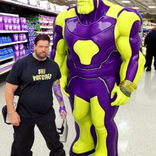 Prompt: thanos looking for his mom at walmart