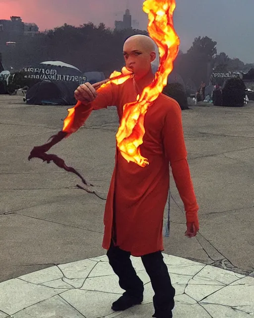 Image similar to squidward wearing fire nation clothing and practicing firebending outside at susnset, greg rutkowski
