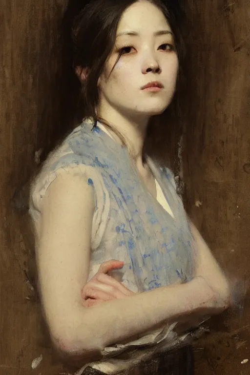 Prompt: Solomon Joseph Solomon and Richard Schmid and Jeremy Lipking victorian genre painting full length portrait painting of a young beautiful woman from japan