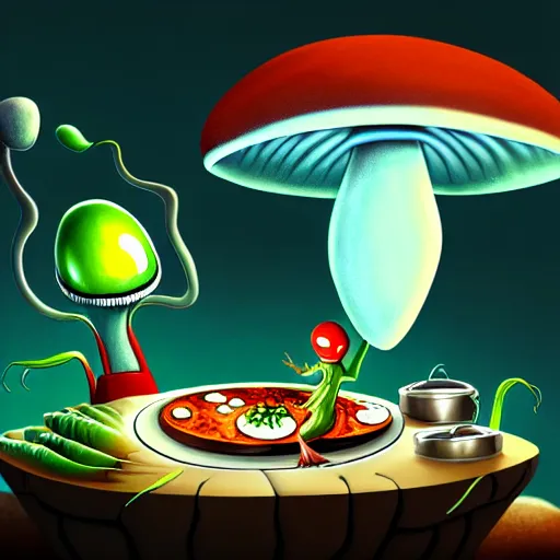 Image similar to alien mushroom chef cooking a meal, fantasy illustration, detailed digital painting, trending on artstation