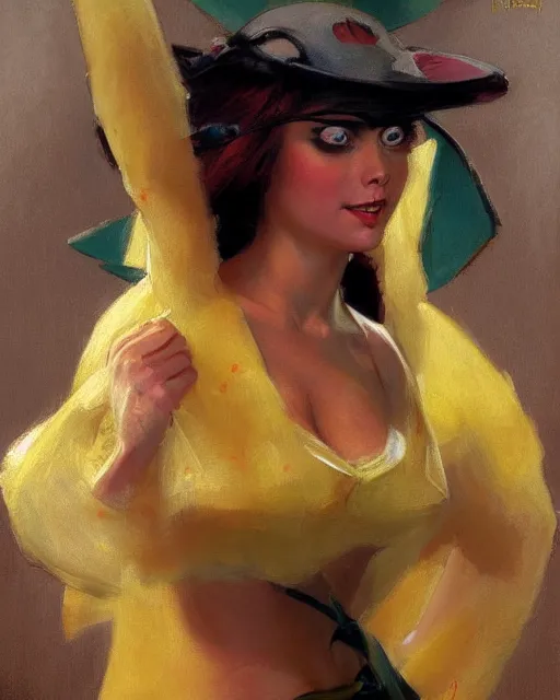 Image similar to pikachu woman painting by gaston bussiere, craig mullins, j. c. leyendecker