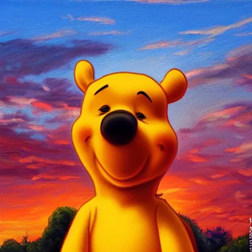 Prompt: winnie the pooh standing on a hill with sunset in background, oil painting, highly detailed