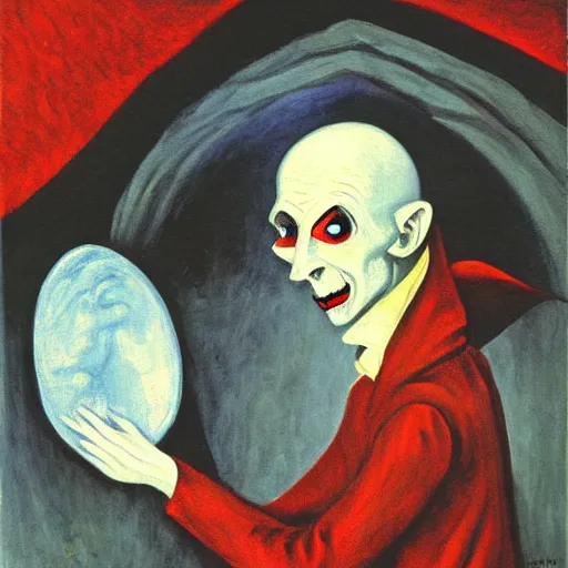 Image similar to Nosferatu in an igloo painting an impressionist self-portrait