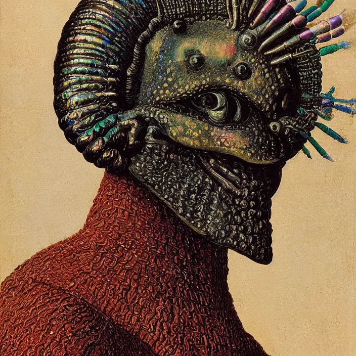 Prompt: close up portrait of a mutant monster creature with facial features resembling a medieval steel helmet, iridescent beetle eyes and antennae. by jan van eyck, audubon