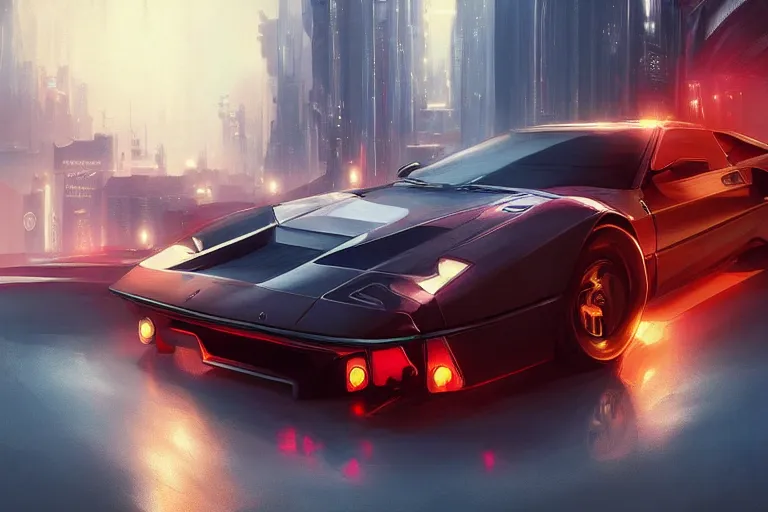 Image similar to luxury cyberpunk Ferrari 288 GTO, highly detailed, digital painting, artstation, concept art, sharp focus, illustration, art by artgerm and greg rutkowski and alphonse mucha