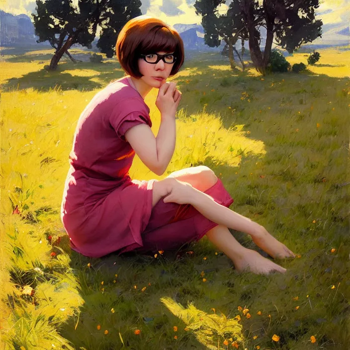 Prompt: Painting of Velma Dinkley, countryside, calm, fantasy character portrait, dynamic pose, above view, sunny day, thunder clouds in the sky, artwork by Jeremy Lipkin and Giuseppe Dangelico Pino and Michael Garmash and Rob Rey and Greg Manchess and Huang Guangjian and Makoto Shinkai, very coherent asymmetrical artwork, sharp edges, perfect face, simple form, 100mm